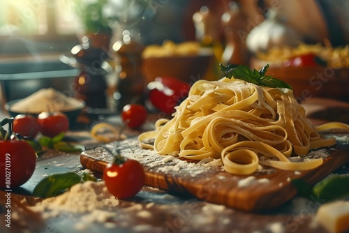 Rustic Kitchen Setting Showcasing Traditional Italian Cuisine and Homemade Pasta. Concept Italian Cuisine, Rustic Kitchen, Homemade Pasta, Traditional Cooking, Food Photography photo