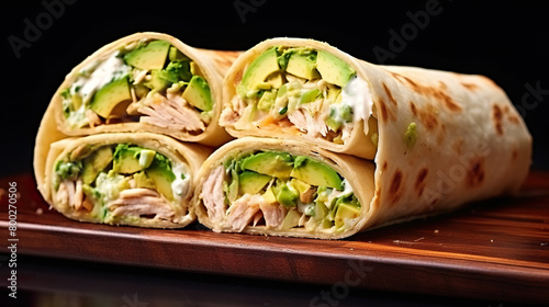 rolled sandwiches with avocado and chicken separated against a black background photo