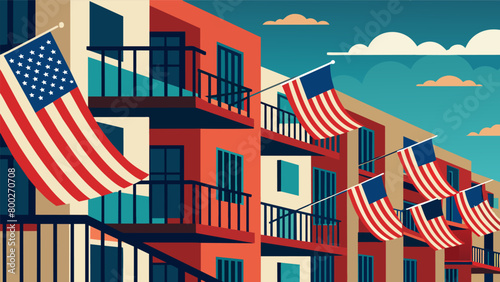 The sight of American flags elegantly decorating the balconies of a busy apartment complex invokes a deep sense of national pride.. Vector illustration