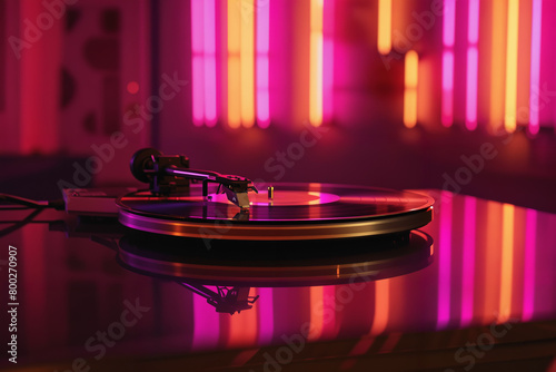 Old fashioned turntable with record. Vintage turntable, vinyl record player in neon lights. Reflecting light in a nightclub. (ID: 800270907)