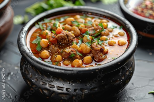 Moroccan Harira soup in black bowl a traditional Ramadan iftar dish with meat chickpeas lentils tomatoes and cilantro