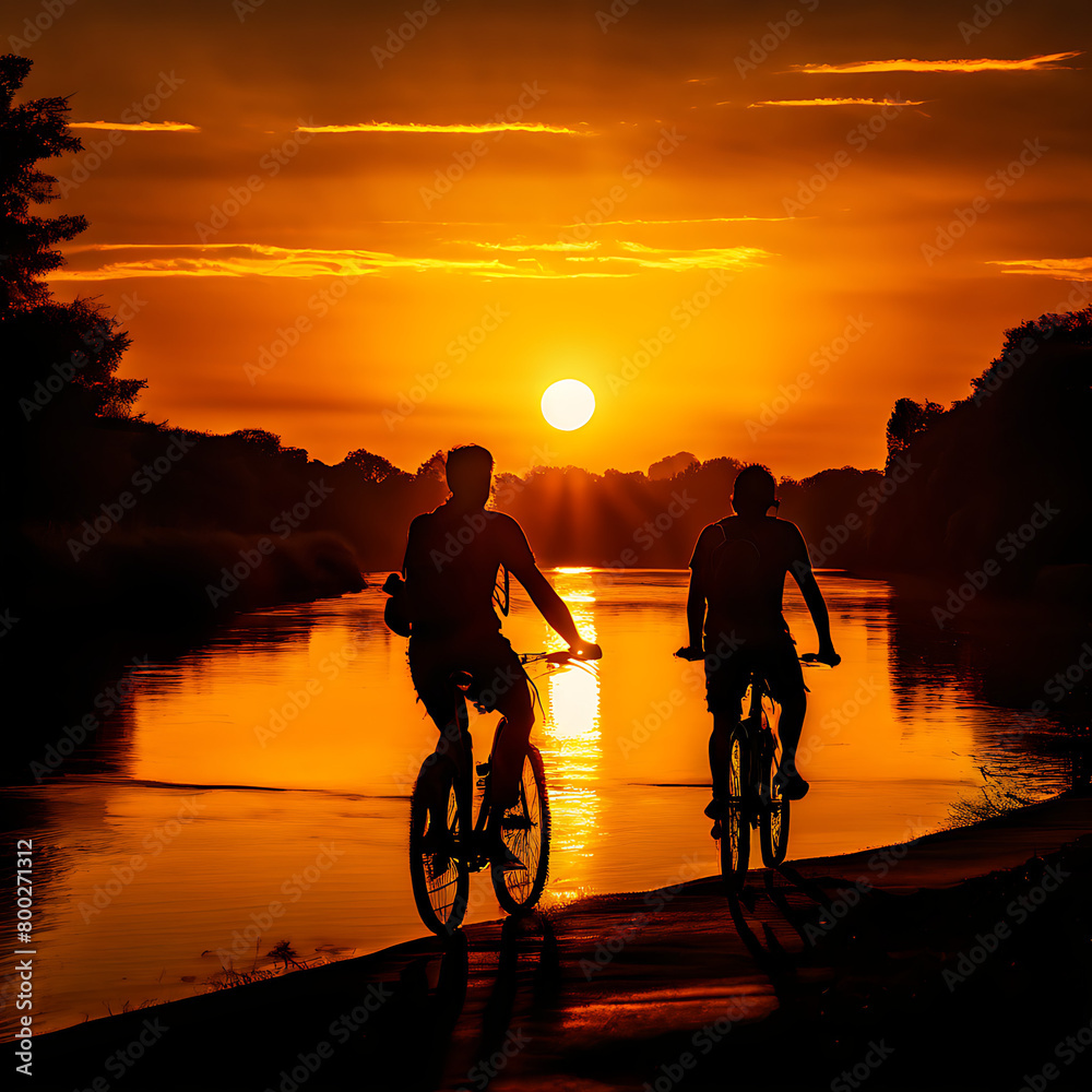 Silhouette of friends cycling along the riverbank, embracing the journey as the sun sets in the golden hour