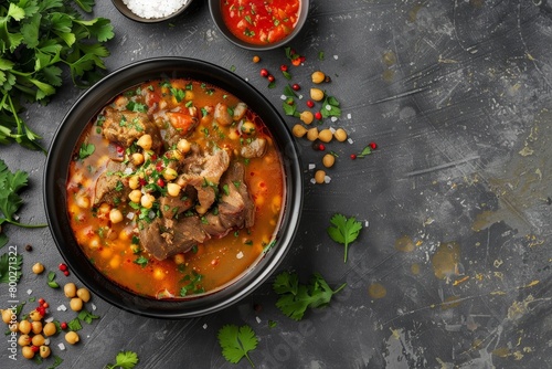 Moroccan Harira Soup served in black bowl on grey concrete table a traditional Ramadan dish with meat chickpeas lentils tomatoes and cilantro