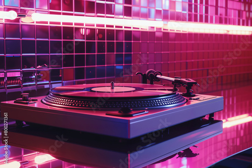 Old fashioned turntable with record. Vintage turntable, vinyl record player in neon lights. Reflecting light in a nightclub. (ID: 800271361)
