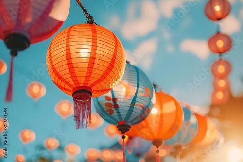 Colorful festival paper lanterns illuminate sky in celebration of traditions with technology. Concept Festival Celebrations  Traditional Customs  Paper Lanterns  Technology Integration