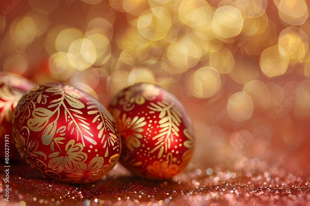 Red Easter eggs with gold floral ornaments on glittery background for holiday. Concept Easter Decorations, Red Eggs, Gold Floral Ornaments, Glittery Background, Holiday Ambiance Red Easter eggs with gold floral ornaments on glittery background for holiday. Concept Easter Decorations, Red Eggs, Gold Floral Ornaments, Glittery Background, Holiday Ambiance