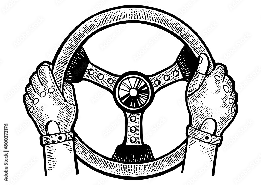 © Oleksandr Pokusai - Hands of racer on car steering wheel sketch engraving PNG illustration. Scratch board style imitation. Black and white hand drawn image.