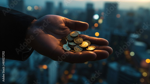 .Present an image of a businessman's hand holding a handful of coins