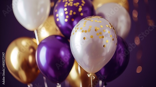 Happy birthday background with balloons in purple, white, and gold themes. banner, celebration, greeting card, background.