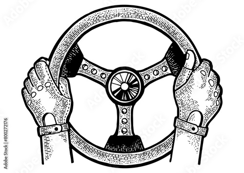 Hands of racer on car steering wheel sketch engraving PNG illustration. Scratch board style imitation. Black and white hand drawn image. photo