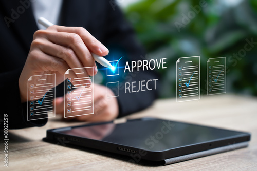 Document approval, checklist, certification, quality control concept, Businesswomen use tallets tick correct mark approval document, Quality management assurance, Pass inspection, accept approved