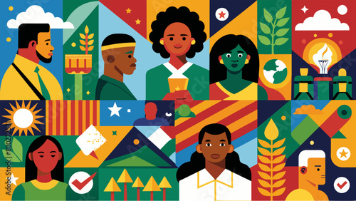 An intricate and colorful mosaic depicting the freedom rides Juneteenth celebrations and other important moments in the fight against racial. Vector illustration