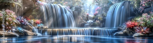 A beautiful waterfall surrounded by flowers and rocks. The scene is peaceful and serene, making it a perfect place to relax and unwind