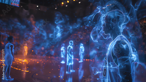 An ethereal basketball player made of blue light stands on a basketball court.