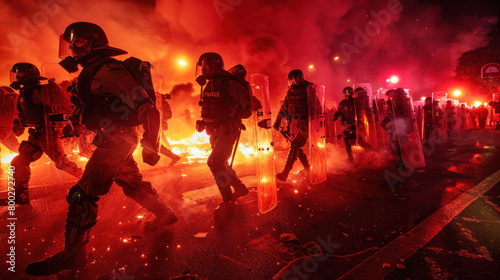 Special police forces or army on the street, everything is on fire, anti-riot operation © Kondor83