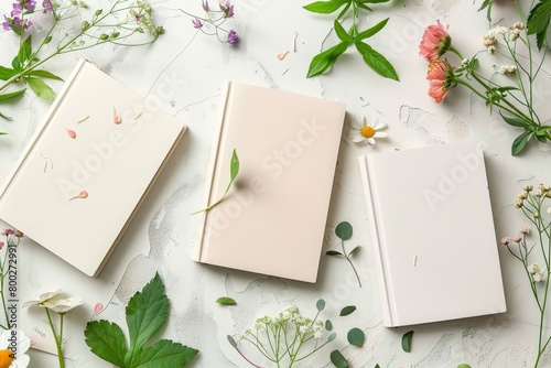 Notebooks with flowers and bookmarks on a light background