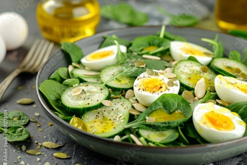 Nutritious spinach salad with cucumbers eggs and assorted seeds in lemon and olive oil dressing Healthy meal option for breakfast or dinner