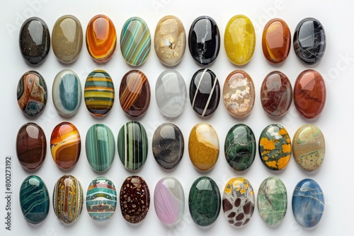 oval cabochon gemstones of different colors and sizes arranged on a white background