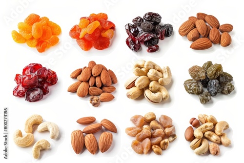 Nuts and dried fruits on white background photo