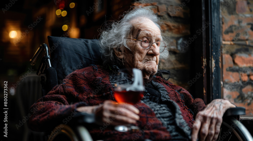 Old disabled lady in wheelchair with glass of alcohol