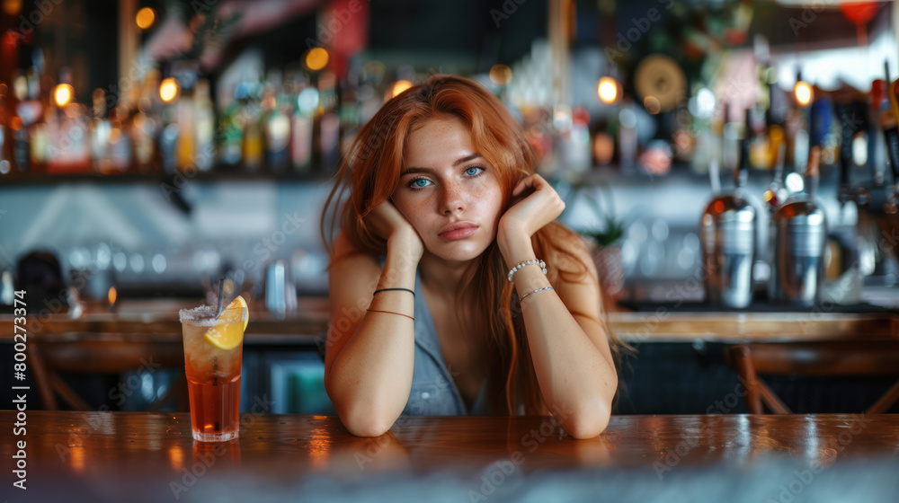 Sad depressed young woman drinking in a bar Sad depressed young woman drinking in a bar