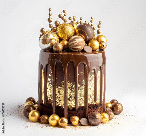 Chocolate cake with dripping chocolate and gold decorations on top photo