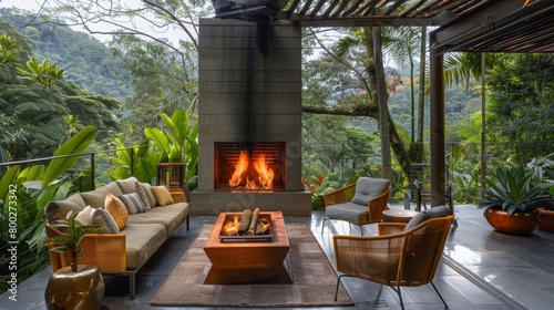 Set against a backdrop of lush foliage the contemporary fireplace exudes a cozy ambiance with its crackling fire and panoramic views of the outdoors. 2d flat cartoon.