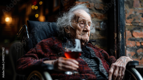 Old disabled lady in wheelchair with glass of alcohol