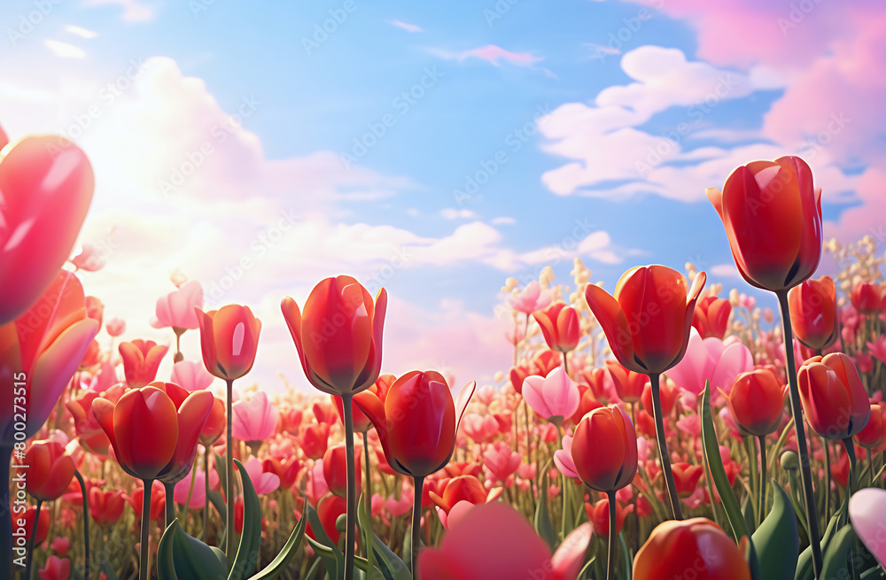 Fototapeta premium Field of red and pink tulips under blue sky