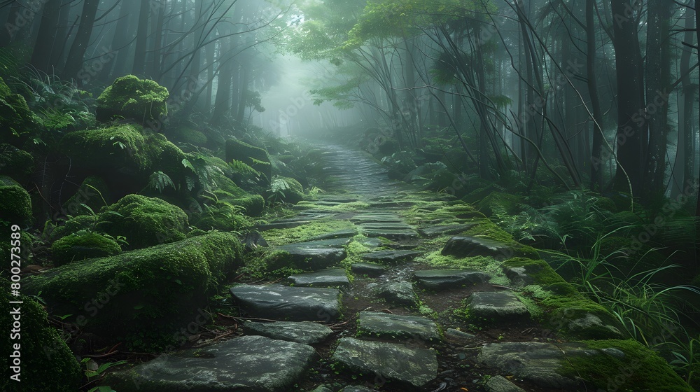 An ancient moss-covered stone pathway meanders through a dense forest, evoking mystery and tranquility, for a mystical story setting.