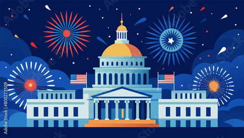 The night is filled with excitement and wonder as the Capitol Building is adorned with a sparkling patriotic display of fireworks.. Vector illustration