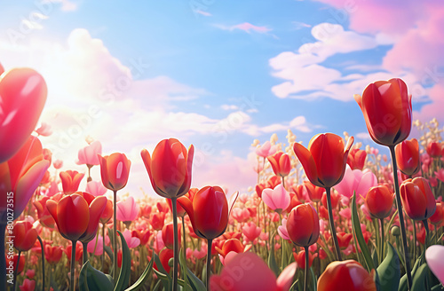 Field of red and pink tulips under blue sky