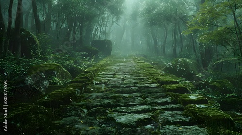 An ancient moss-covered stone pathway meanders through a dense forest, evoking mystery and tranquility, for a mystical story setting.