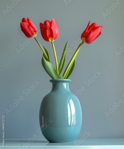 A blue vase with three red tulips  solid color background