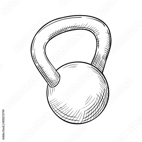 Kettlebell vector illustration. Outline drawing of dumbbell painted by black inks. Drawing of Fitness equipment in linear style. Engraving of round weight for physical power training. Etching for icon