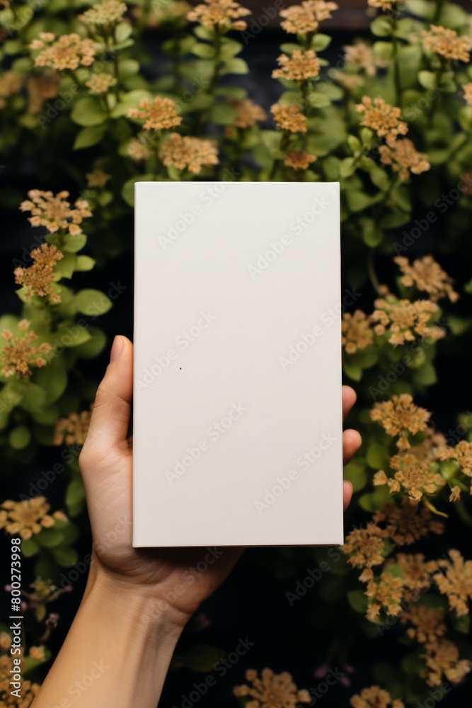 Hand holding blank book against a blooming plant backdrop Hand holding blank book against a blooming plant backdrop