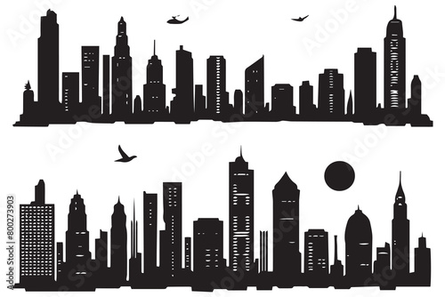 set of City silhouette in flat style. Modern urban landscape. Vector illustration. City skyscrapers building office skyline on white background