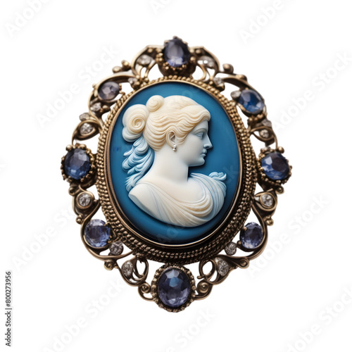 A close up of a brooch with a woman's face in a blue glass on transparent background generative ai
