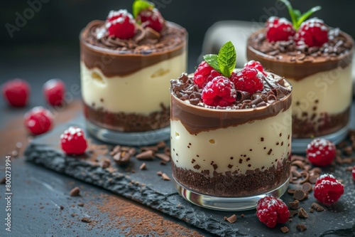 Chocolate mousse or pudding in portion glasses with fresh berries. Chocolate dessert in glasses . Recipe of festive retro dessert. Restaurant and cafe menu concept, dark background
