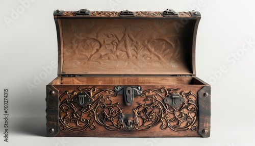 Open antique chest of decorations on bright background viewed from top front corner photo