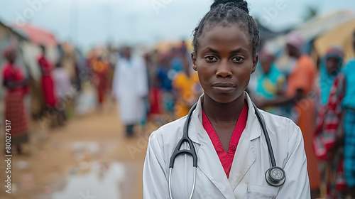 Portrait of a young african woman doctor standing in the street.