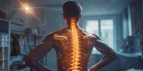 Ankylosing Spondylitis: The Back Stiffness and Pain - Visualize a person struggling to straighten their back, with highlighted spine and pain lines photo