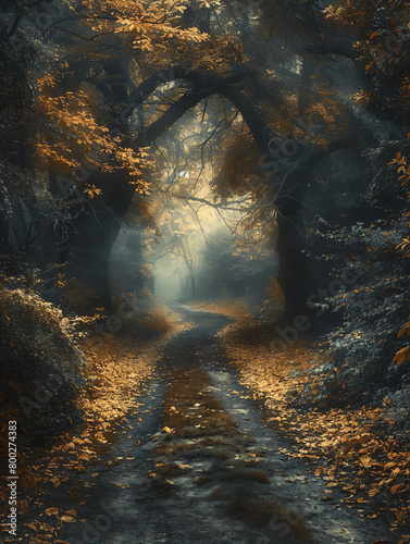 Mystical autumn forest path with golden leaves and a bright light at the end of the path