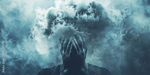 Fibromyalgia Fog: The Cognitive Impairment and Forgetfulness - Visualize a person surrounded by a foggy cloud, holding their head in confusion photo