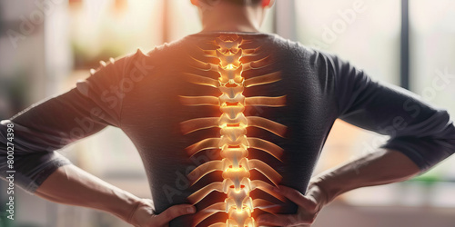 Ankylosing Spondylitis: The Back Stiffness and Pain - Visualize a person struggling to straighten their back, with highlighted spine and pain lines photo