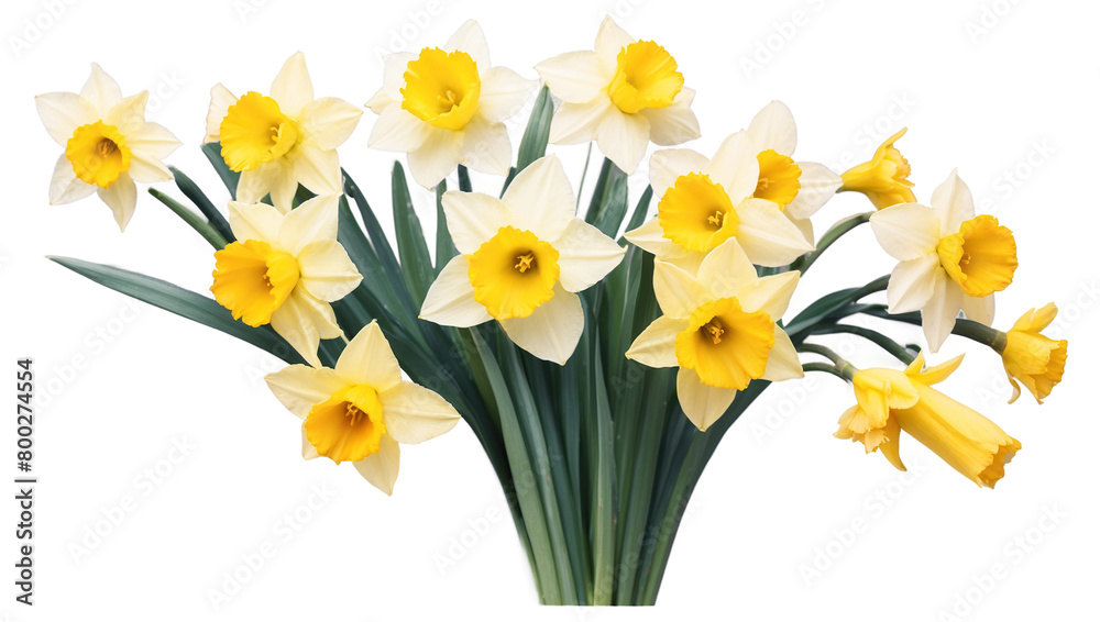 A vibrant collection of freshly bloomed yellow daffodils, neatly arranged and isolated on a white background, invoking a sense of spring A vibrant collection of freshly bloomed yellow daffodils, neatly arranged and isolated on a white background, invoking a sense of spring