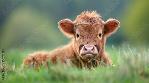 A cute baby Highland cow, sitting in the lush green grass field © Image