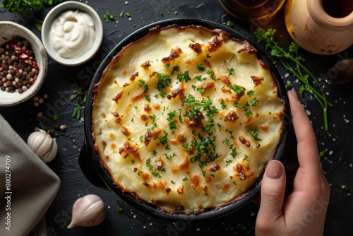  Freshly baked shepherd s pie in a skillet, garnished with parsley on a dark table photo