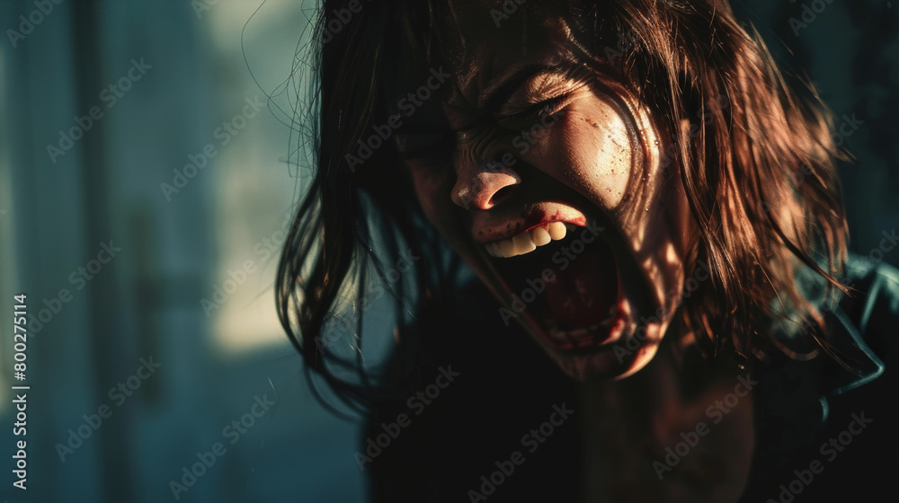 A woman with long hair is screaming in a dark room. Scene is intense and dramatic A woman with long hair is screaming in a dark room. Scene is intense and dramatic
