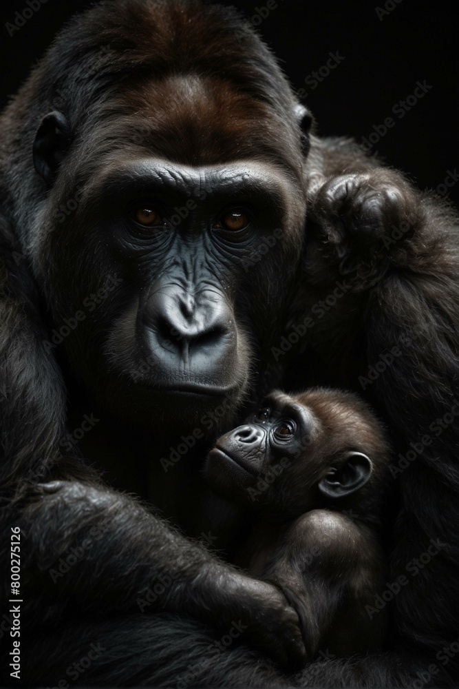 Evocative image of a gorilla mother holding her baby close, signifying maternal care and family bonds Evocative image of a gorilla mother holding her baby close, signifying maternal care and family bonds